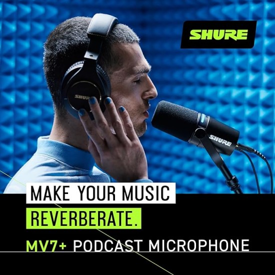 Shure MV7+ Podcast Microphone. Enhanced Audio, LED Touch Panel, USB-C & XLR Outputs, Auto Level Mode, Digital Pop Filter, Reverb Effects, Podcasting, Streaming, Recording - Black
