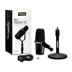 Shure MV7+ Podcast Microphone with Stand. Enhanced Audio, LED Touch Panel, USB-C & XLR Outputs, Auto Level Mode, Digital Pop Filter, Reverb Effects, Podcasting, Streaming, Recording - Black