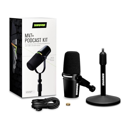 Shure MV7+ Podcast Microphone with Stand. Enhanced Audio, LED Touch Panel, USB-C & XLR Outputs, Auto Level Mode, Digital Pop Filter, Reverb Effects, Podcasting, Streaming, Recording - Black Shure MV7+ Podcast Microphone with Stand. Enhanced Audio, LED Touch Panel, USB-C & XLR Outputs, Auto Level Mode, Digital Pop Filter, Reverb Effects, Podcasting, Streaming, Recording - Black