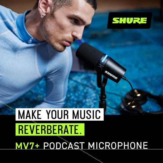 Shure MV7+ Podcast Microphone with Stand. Enhanced Audio, LED Touch Panel, USB-C & XLR Outputs, Auto Level Mode, Digital Pop Filter, Reverb Effects, Podcasting, Streaming, Recording - Black Shure MV7+ Podcast Microphone with Stand. Enhanced Audio, LED Touch Panel, USB-C & XLR Outputs, Auto Level Mode, Digital Pop Filter, Reverb Effects, Podcasting, Streaming, Recording - Black