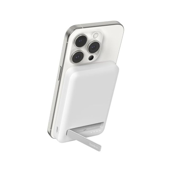 Belkin Qi2 Wireless Power Bank 15W 5000 mAh | MagSafe Charger w/Built-in Pop-up Kickstand | Compatible w/iPhone 17, Air, Pro, Pro Max, Google Pixel 10, etc. | White