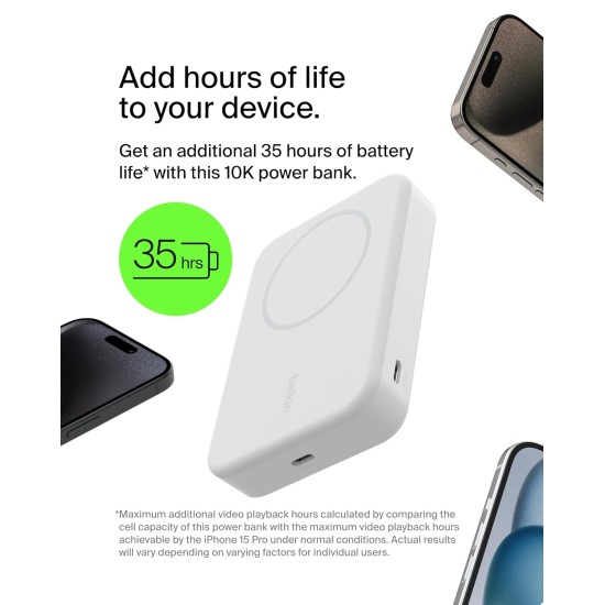 Belkin Qi2 10000 mAh Magsafe Wireless Power Bank | 15W Wireless Fast Charging, Compatible w/iPhone 17, Air, Pro, Pro Max, Google Pixel 10, etc. | 2 Years Warranty | White