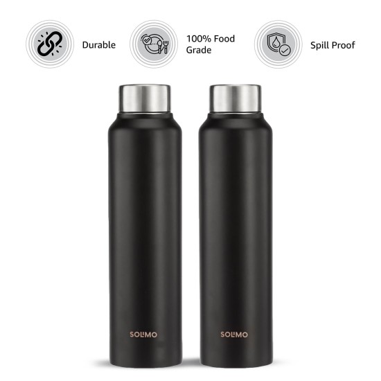 Stainless Steel Water Bottle (Pack of 2) | BIS-Approved | 900ml (Matte Black)