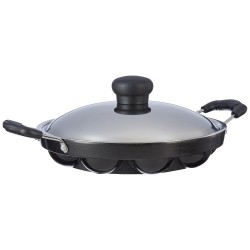 Solimo Die Cast Aluminium Nonstick Appam Patra/Paniyarakkal with Ss Lid 12 Cup with Side Handle, Black