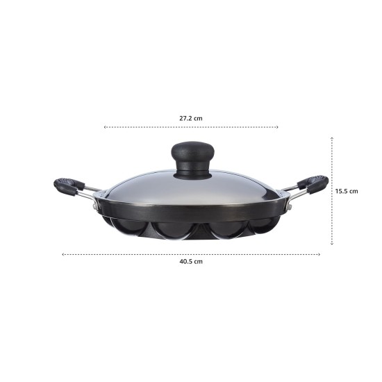 Solimo Die Cast Aluminium Nonstick Appam Patra/Paniyarakkal with Ss Lid 12 Cup with Side Handle, Black Solimo Die Cast Aluminium Nonstick Appam Patra/Paniyarakkal with Ss Lid 12 Cup with Side Handle, Black