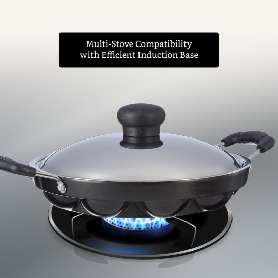 Solimo Die Cast Aluminium Nonstick Appam Patra/Paniyarakkal with Ss Lid 12 Cup with Side Handle, Black Solimo Die Cast Aluminium Nonstick Appam Patra/Paniyarakkal with Ss Lid 12 Cup with Side Handle, Black