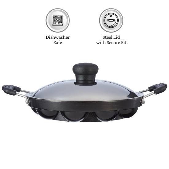 Solimo Die Cast Aluminium Nonstick Appam Patra/Paniyarakkal with Ss Lid 12 Cup with Side Handle, Black Solimo Die Cast Aluminium Nonstick Appam Patra/Paniyarakkal with Ss Lid 12 Cup with Side Handle, Black