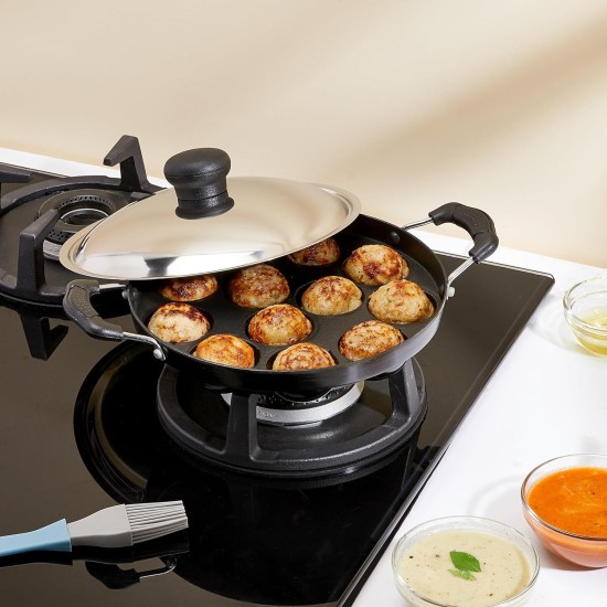 Solimo Die Cast Aluminium Nonstick Appam Patra/Paniyarakkal with Ss Lid 12 Cup with Side Handle, Black Solimo Die Cast Aluminium Nonstick Appam Patra/Paniyarakkal with Ss Lid 12 Cup with Side Handle, Black