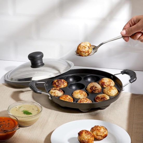 Solimo Die Cast Aluminium Nonstick Appam Patra/Paniyarakkal with Ss Lid 12 Cup with Side Handle, Black Solimo Die Cast Aluminium Nonstick Appam Patra/Paniyarakkal with Ss Lid 12 Cup with Side Handle, Black