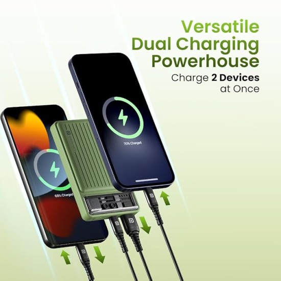 Portronics Luxcell Mini 10K Advanced 10000 mAh Nano Power Bank with 22.5W Max Output, LED Indicator, Mach USB-A Output, Type C PD Output, Type C Input, Wake Up Button(Green)