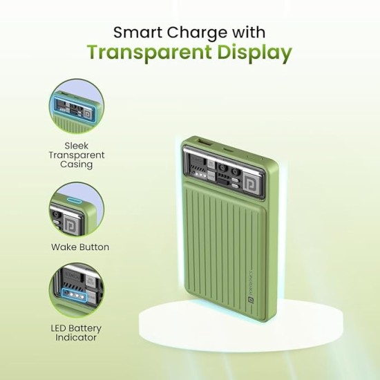 Portronics Luxcell Mini 10K Advanced 10000 mAh Nano Power Bank with 22.5W Max Output, LED Indicator, Mach USB-A Output, Type C PD Output, Type C Input, Wake Up Button(Green)