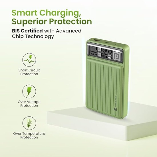 Portronics Luxcell Mini 10K Advanced 10000 mAh Nano Power Bank with 22.5W Max Output, LED Indicator, Mach USB-A Output, Type C PD Output, Type C Input, Wake Up Button(Green)