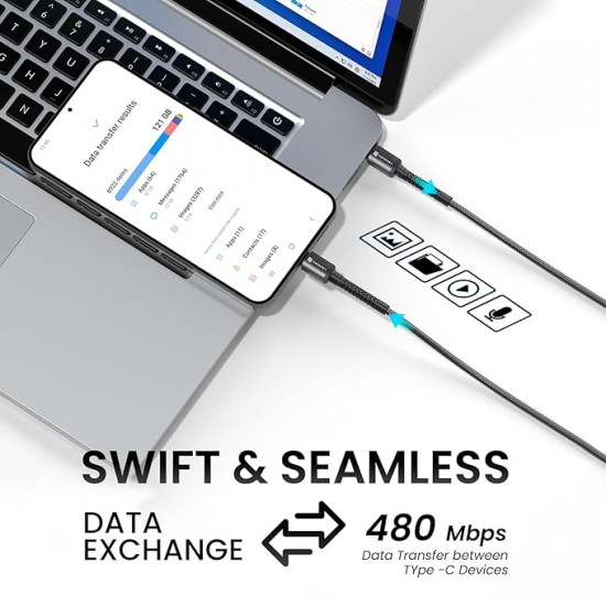Portronics Konnect X 60W Type C to Type C Unbreakable Nylon Braided Cable, 1M Fast Charging Cable for iPhone 15 series, iPad, Samsung Galaxy & other Type C Devices(Black) Portronics Konnect X 60W Type C to Type C Unbreakable Nylon Braided Cable, 1M Fast Charging Cable for iPhone 15 series, iPad, Samsung Galaxy & other Type C Devices(Black)
