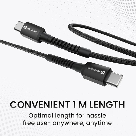 Portronics Konnect X 60W Type C to Type C Unbreakable Nylon Braided Cable, 1M Fast Charging Cable for iPhone 15 series, iPad, Samsung Galaxy & other Type C Devices(Black) Portronics Konnect X 60W Type C to Type C Unbreakable Nylon Braided Cable, 1M Fast Charging Cable for iPhone 15 series, iPad, Samsung Galaxy & other Type C Devices(Black)