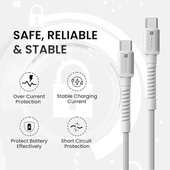 Portronics Konnect X 60W Type C to Type C Unbreakable Nylon Braided Cable, 1M Fast Charging Cable for iPhone 15 series, iPad, Samsung Galaxy & other Type C Devices(White)