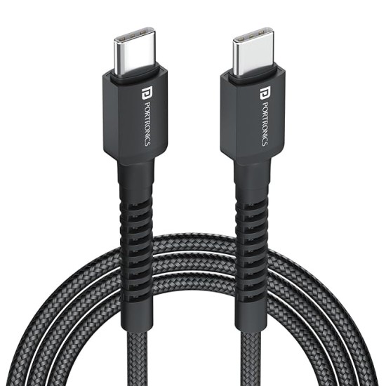 Portronics Konnect X 60W Unbreakable Nylon Braided Cable, 2M Fast Charging Cable For iPhone 15 Series, iPad, Samsung Galaxy (Black)