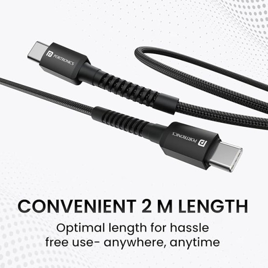 Portronics Konnect X 60W Unbreakable Nylon Braided Cable, 2M Fast Charging Cable For iPhone 15 Series, iPad, Samsung Galaxy (Black)