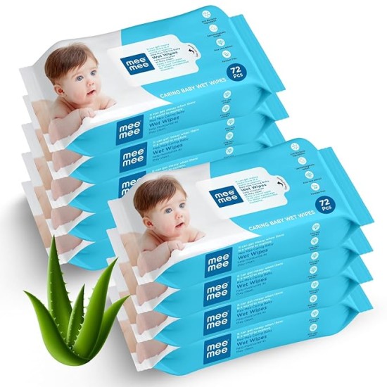 Mee Mee Baby Gentle soft Moisturing Wet Wipes with Aloe Vera extracts (unscented) without lid |72 pcs| Pack of 9 Mee Mee Baby Gentle soft Moisturing Wet Wipes with Aloe Vera extracts (unscented) without lid |72 pcs| Pack of 9