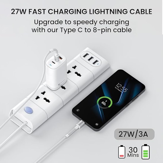 Portronics Konnect X Type C to 8-Pin 27W Fast Charging Cable, Premium TPE Material, Support to all Lightning Devices 1M Length(White)