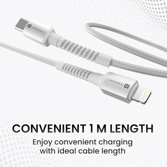 Portronics Konnect X Type C to 8-Pin 27W Fast Charging Cable, Premium TPE Material, Support to all Lightning Devices 1M Length(White)