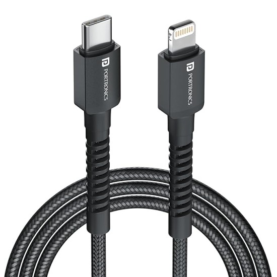 Portronics Konnect X 27W Type C to 8 Pin Fast Charging Strong Braided Cable, Metal Heads, 1M Length, Supports all 8 Pin & Lightning Devices (Black)