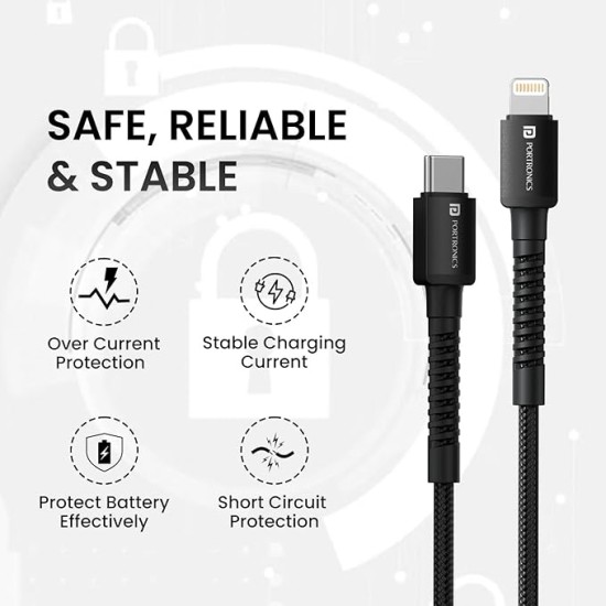 Portronics Konnect X 27W Type C to 8 Pin Fast Charging Strong Braided Cable, Metal Heads, 1M Length, Supports all 8 Pin & Lightning Devices (Black)