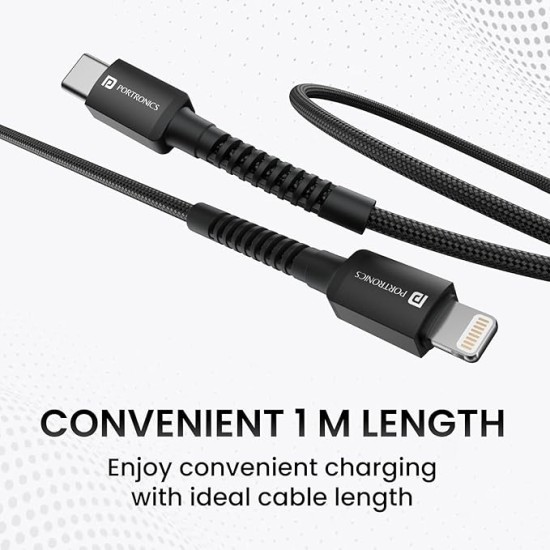 Portronics Konnect X 27W Type C to 8 Pin Fast Charging Strong Braided Cable, Metal Heads, 1M Length, Supports all 8 Pin & Lightning Devices (Black)