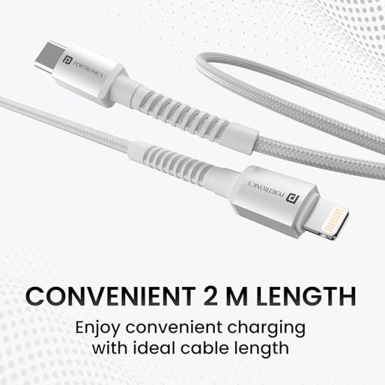 Portronics Konnect X Type C to 8-Pin 27W Fast Charging Cable, Premium TPE Material, Support to all Lightning Devices 2M Length(White)