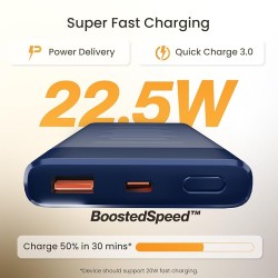 Ambrane 10000mAh Slim & Compact Powerbank, 22.5W Fast Charging, USB & Type C Output, Power Delivery, Quick Charge for iPhone, Android & Other Devices, Made in India + Type C Cable (Stylo 10, Blue)