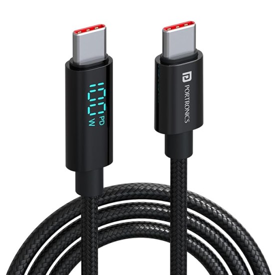Portronics Konnect View 100W Type C to Type C Cable with LED Display with 5A Max Output, Fast Data Sync, 2M Length, Tangle Resistance supports Laptop Charging(Black)