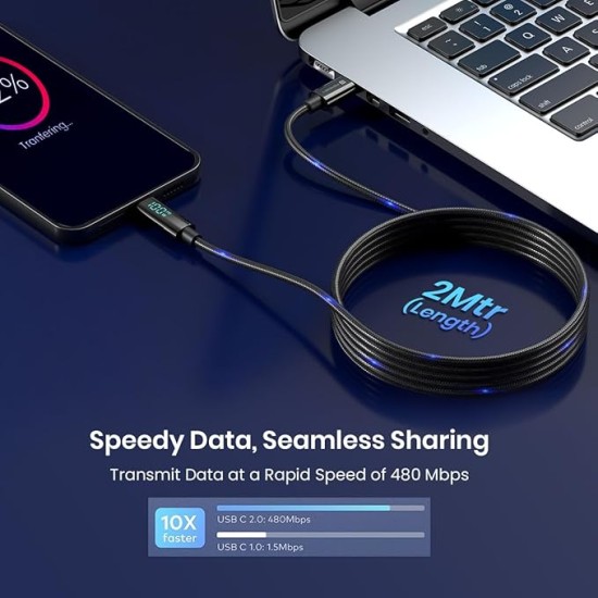 Portronics Konnect View 100W Type C to Type C Cable with LED Display with 5A Max Output, Fast Data Sync, 2M Length, Tangle Resistance supports Laptop Charging(Black)