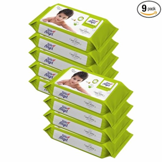 Little Angel Super Soft Cleansing Baby Wipes, 648 Count, Enriched with Aloe vera & Vitamin E, pH Balanced, Dermatologically Tested & Alcohol-free, Pack of 9, 72 count/pack
