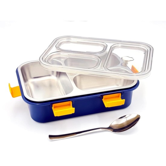 Darkpyro 3 Compartment Stainless Steel Lunch Box, Leakage Proof Lunch Box For School Kids And Adults Pack Of 1 Blue,750ML Darkpyro 3 Compartment Stainless Steel Lunch Box, Leakage Proof Lunch Box For School Kids And Adults Pack Of 1 Blue,750ML
