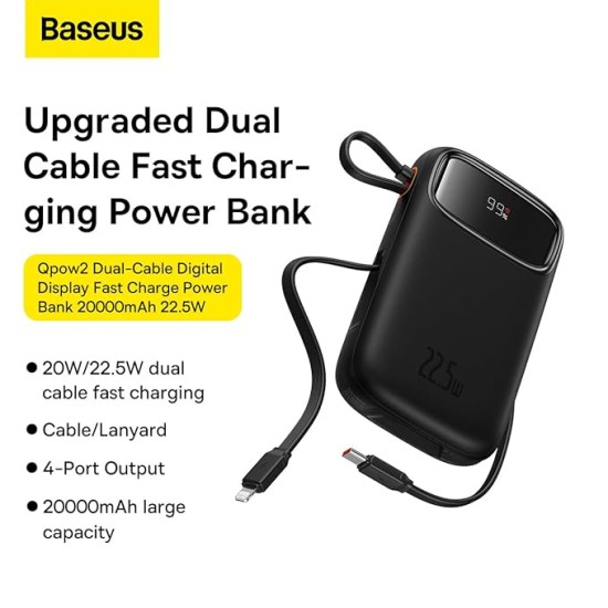 Baseus Qpow2 Power Bank, 10000mAh, 22.5W Fast Charging, Dual Built-in Cables, Digital Display Baseus Qpow2 Power Bank, 10000mAh, 22.5W Fast Charging, Dual Built-in Cables, Digital Display