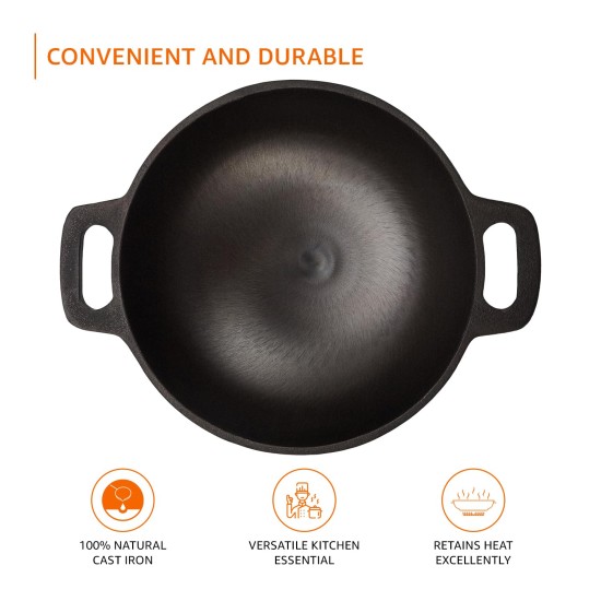 Cast Iron Pre Seasoned Pan Cast Iron Deep Kadhai, 10 Inches (25 cm), Black, 100% Toxin-Free, Naturally Non-Stick, Long Lasting.