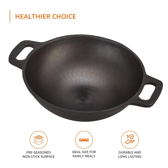 Cast Iron Pre Seasoned Pan Cast Iron Deep Kadhai, 10 Inches (25 cm), Black, 100% Toxin-Free, Naturally Non-Stick, Long Lasting.