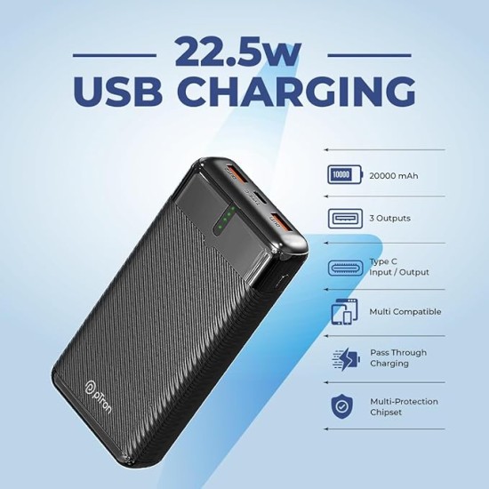 pTron Dynamo Surge 20000mAh 22.5W Fast Charging Power Bank, Supports VOOC/Wrap/Dash USB Charging, USB Type-C Input, 20W PD Fast Charging, 3 Outputs, 1 Input & Multiple Layers of Protection (Black) pTron Dynamo Surge 20000mAh 22.5W Fast Charging Power Bank, Supports VOOC/Wrap/Dash USB Charging, USB Type-C Input, 20W PD Fast Charging, 3 Outputs, 1 Input & Multiple Layers of Protection (Black)