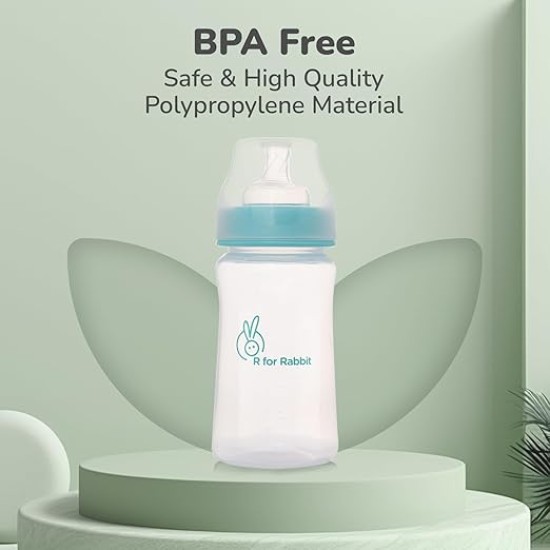 R for Rabbit First Feed 250 ml Baby Feeding PP Bottle with Anti-Colic Wide Neck, BPA Free Soft Silicone Nipple, Milk Feeder for New Born/Infants/Toddler Kids of 6+ Months (Lake Blue)