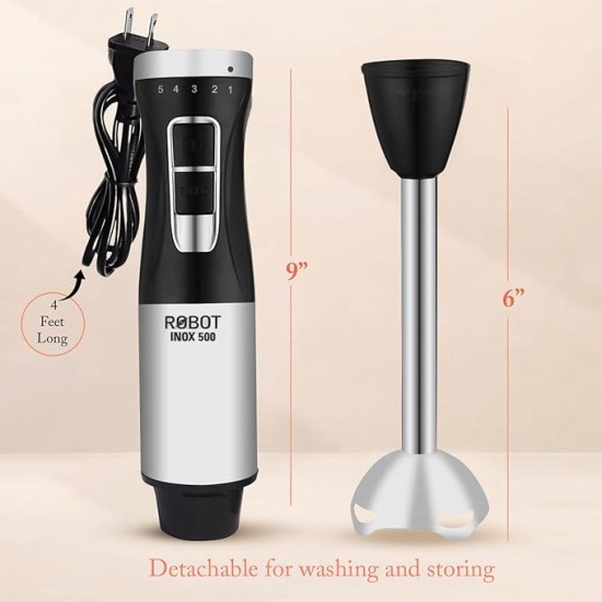 INALSA Electric Hand Blender with 500W Powerful DC Motor|Variable & Turbo Speed|Super Silent|Ultra Sharp SS Blade & Detachable Stem|2Yr Warranty|Blender for smoothie and juices,Whip,Chop-RobotInox500
