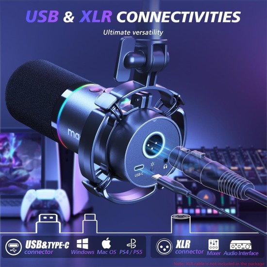 MAONO XLR/USB Dynamic Microphone for Gaming PC, RGB Podcast Mic for YouTube with Software, Mute, Gain Knob, Volume Control, Boom Arm for YouTube Gaming, Singing, Recording, Streaming, PD200XS Black MAONO XLR/USB Dynamic Microphone for Gaming PC, RGB Podcast Mic for YouTube with Software, Mute, Gain Knob, Volume Control, Boom Arm for YouTube Gaming, Singing, Recording, Streaming, PD200XS Black