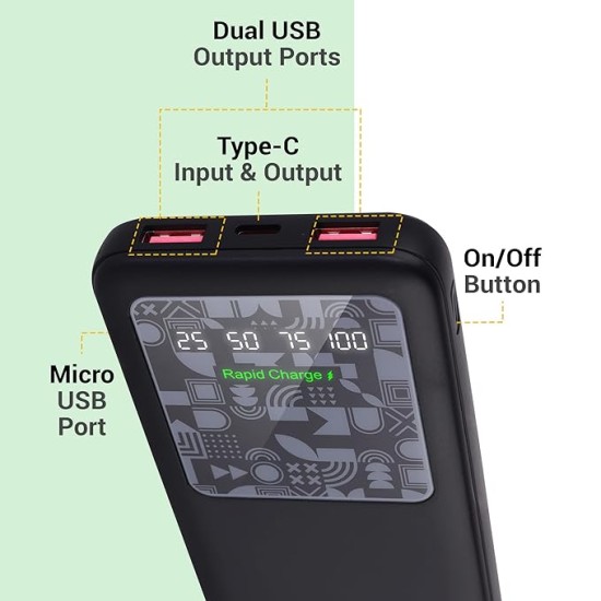 ZEBRONICS MB10000S15 Power Bank, 10000 mAh, Rapid Charge, 22.5W Output, Dual USB Output, PD 3.0 Type C, Built in Protections, Percentage Indicator, Made in India, Black