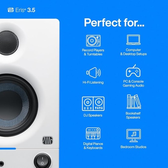 PreSonus Eris 3.5 2nd Gen HD Professional Studio Monitors with 3.5" Woven Composite Woofer, 1" Silk-Dome Tweeter, 50W Class AB Power and Tuning Controls (Auxillary) - Pair (White) PreSonus Eris 3.5 2nd Gen HD Professional Studio Monitors with 3.5" Woven Composite Woofer, 1" Silk-Dome Tweeter, 50W Class AB Power and Tuning Controls (Auxillary) - Pair (White)