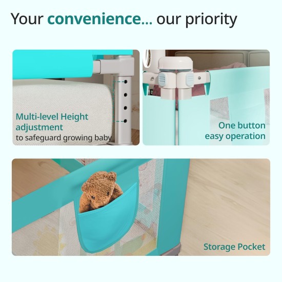 LuvLap Bed Rail Guard for Baby/Kids Safety, 180cm x 72 cm(6ft x 2.3ft), Portable & Foldable, Baby Safety Essential, Adjustable Height, Attractive Cartoon Prints, fits All Bed Sizes (Blue- Printed)