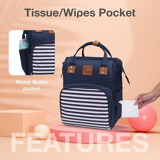 R for Rabbit Caramello Regal Baby Diaper Bag for Mother, Waterproof Kids Diaper Backpack for Mothers, Multifunctional Maternity Bag for Travel, Nursing Backpack for Moms (Blue Stripes)