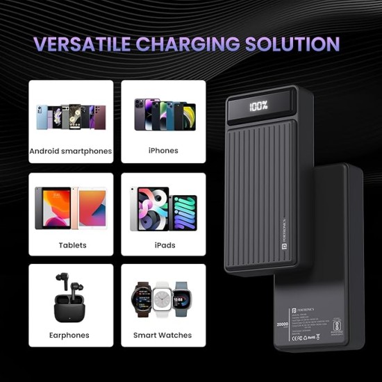 Portronics Luxcell B 20K Advanced 20000 mAh Power Bank with 22.5W Max Output, LED Battery Display, 22.5w Mach USB-A Output, 20w Type C PD Output, Type C Input, Wake Up Button(Black)