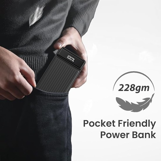 Portronics Luxcell B 10K 10000 mAh 22.5W Fast Charging Power Bank, Ultra Slim Power Bank with Mach USB-A Output, Type C PD Output, Type C Input, Wake Up Button(Black)