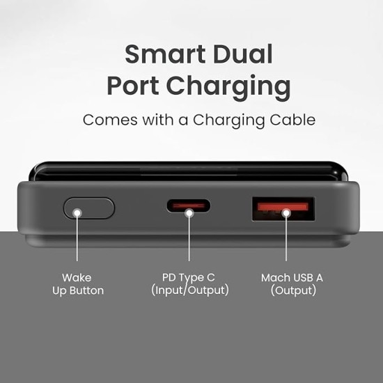Portronics Luxcell B 10K 10000 mAh 22.5W Fast Charging Power Bank, Ultra Slim Power Bank with Mach USB-A Output, Type C PD Output, Type C Input, Wake Up Button(Black)