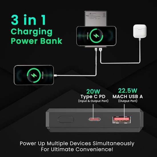 Portronics Luxcell MagClick 10k 10000 mAh 15W Magnetic Wireless Fast Charging Power Bank Premium Finish, 22.5 Wired Output Compatible with iPhone 12 & Above,Type C Smartphones,Tablets(Dark Grey)