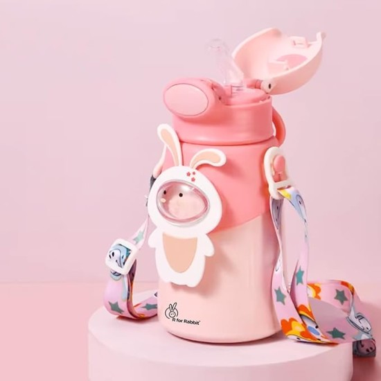 R for Rabbit Steebo Zoobie Premium Stainless Steel Water Sipper for Baby, Spill Proof BPA Free Soft Silicone Straw Drinking Sipper for Kids of 12+ Months (550ml, Pink Bunny)