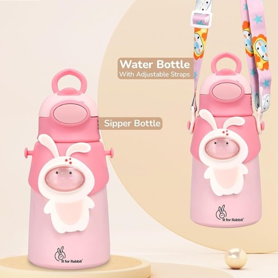 R for Rabbit Steebo Zoobie Premium Stainless Steel Water Sipper for Baby, Spill Proof BPA Free Soft Silicone Straw Drinking Sipper for Kids of 12+ Months (550ml, Pink Bunny)